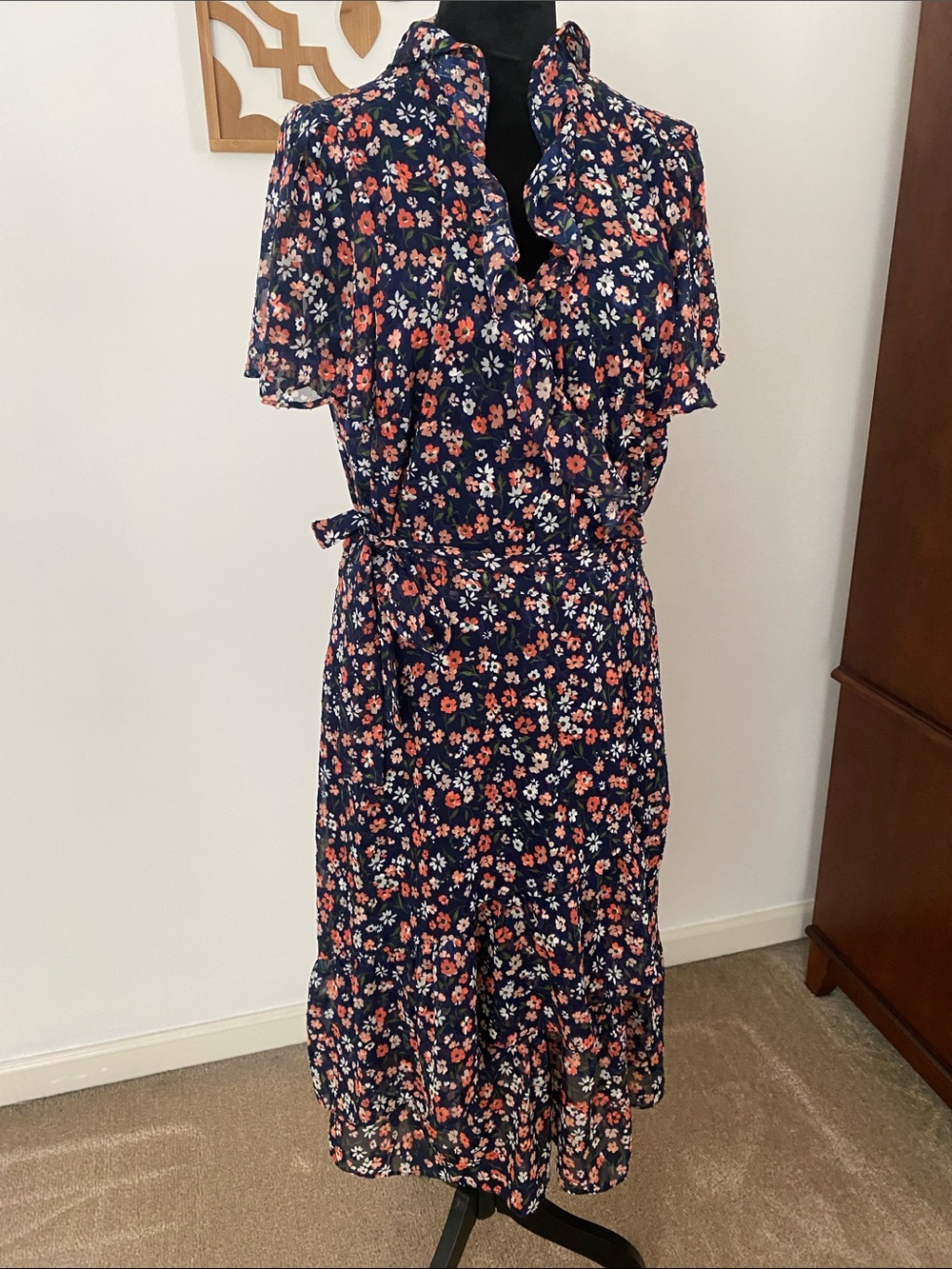 MICHAEL Michael Kors Navy Floral Midi Dress with Coral and White Blooms